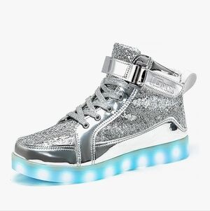 Silver Glitter High-Top Sneakers with LED Sole - Size 7